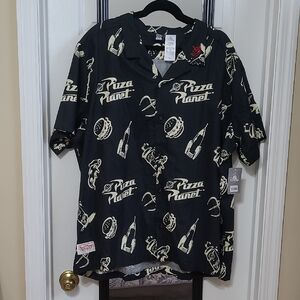 Pizza Planet Men's Black Short-Sleeve Button-Up Shirt
